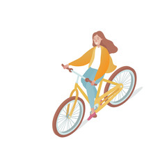 Cartoon girl riding a bicycle. Isometric vector illustration.