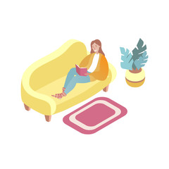 Girl lies on the couch and read a book. Isometric vector cartoon illustration.