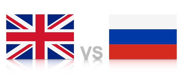UK versus Russia. The United Kingdom against the Russian Federation. National flags with reflection. Vector Illustration EPS 10