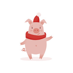 Symbol of the New Year 2019, cute pig, postcard, calendar, congratulations. Cartoon vector illustration.