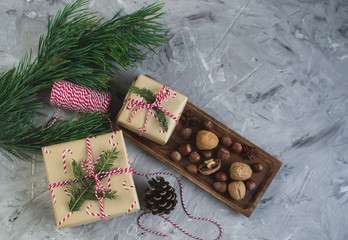 Christmas Gift Boxes Decoration Natural Decor New Year Party Concept Vintage Pine Cones Nuts