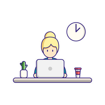 Time to work, work on laptop, workplace. Vector flat illustration.