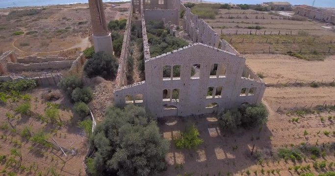 Aerial view of atmospheric ruins of the old brick works, Fornace Penna , Sampieri, Sicily, Italy .
