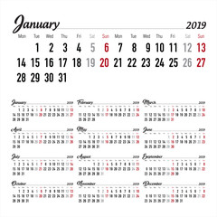 Calendar. 2019 Calendar. Vector print template.