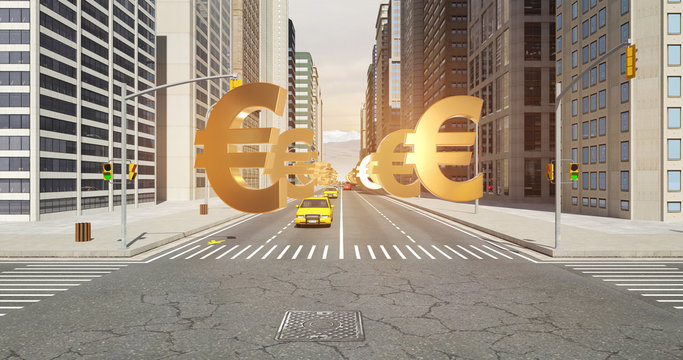 Euro Currency Sign In The City - Business Related Aerial 3D City Flight