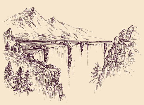 Large waterfall on a river vector sketch