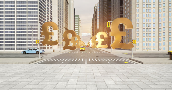 British Pound Sign In The City - Business Related Aerial 3D City Flight