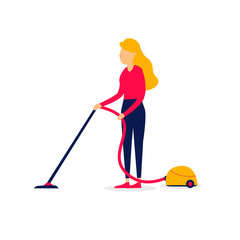 House cleaning, woman vacuums. Flat style vector illustration.