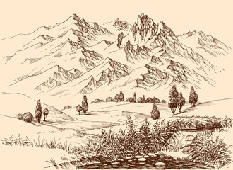 Mountains panorama hand drawing. Travel or tourism in nature background