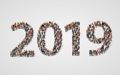 Happy New Year 2019. Large and diverse group of people gathered together in the shape of number 2019. Vector illustration