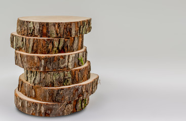 Isolated stack of oak wood cross sections with copy space for text