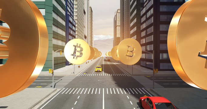 Bitcoin Sign In The City - Digital Currency Related Aerial 3D City Flight