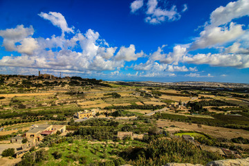 Fototapeta na wymiar A view of the landscape of Northern Malta, taken from the city walls of Mdina