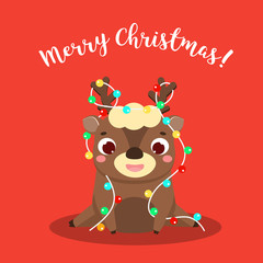 Christmas deer. Cartoon reindeer with new year lights garland and seasonal greetings text Merry Christmas