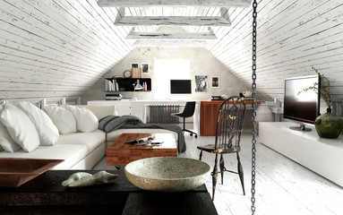 3d render of living room at roof