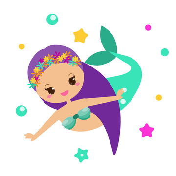 Cute Mermaid. Cartoon character, kawaii style. vector illustration