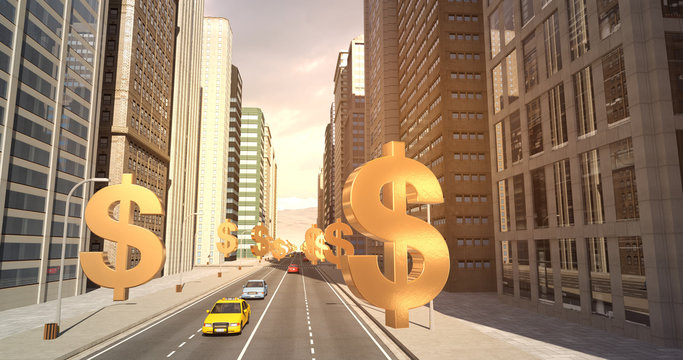 US Dollar Sign In The City - Business Related Aerial 3D City Flight To Sky