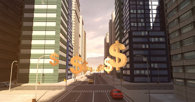 US Dollar Sign In The City - Business Related Aerial 3D City Flight To Sky