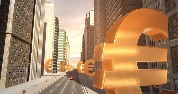 Euro Currency Sign In The City - Business Related Aerial 3D City Flight To Sky