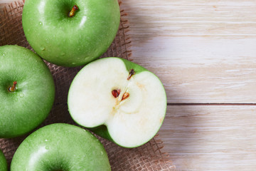 Fresh Granny smith green apples. Top view with copy space