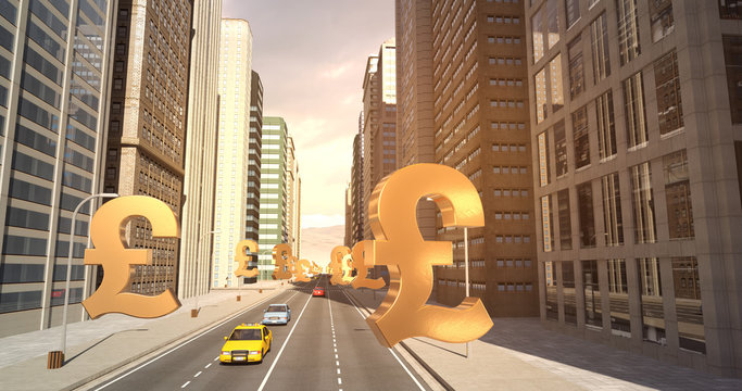 British Pound Sign In The City - Business Related Aerial 3D City Flight To Sky