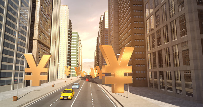 Japanese Yen Sign In The City - Business Related Aerial 3D City Flight To Sky