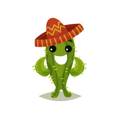 Funny green cactus in Mexican sombrero. Humanized succulent plant with happy face expression. Flat vector for sticker or postcard