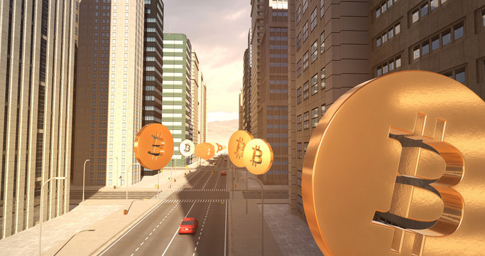 Bitcoin Sign In The City - Digital Currency Related Aerial 3D City Flight To Sky