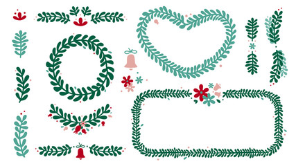 Christmas wreath, frame, mistletoe branch set. Green, red and rose floral design elemets