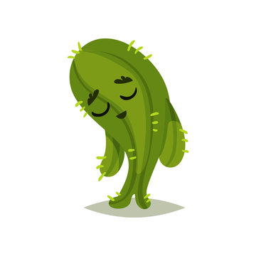 Green cactus with sad face expression. Cartoon humanized succulent plant with small spines. Flat vector design