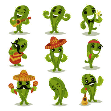 Flat vector set of funny green cacti in different actions. Cartoon characters of humanized succulent plants