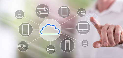 Man touching a cloud computing concept