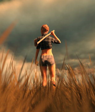 Survivor woman carrying an axe in field,fantasy horror conceptual 3d illustration background