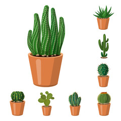 Isolated object of cactus and pot logo. Collection of cactus and cacti stock vector illustration.