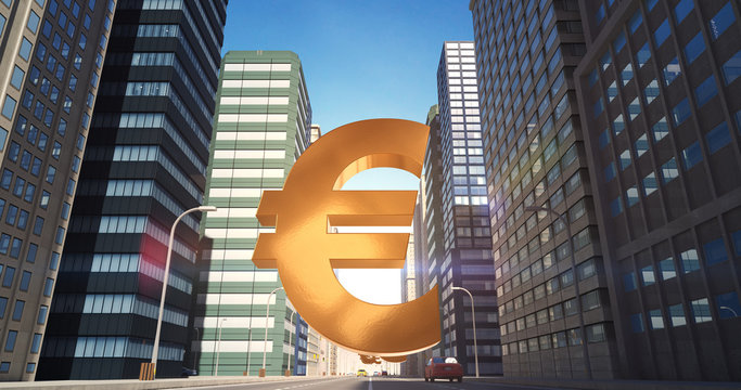 Euro Currency Sign In The City - Business Related Aerial 3D City Street Flight