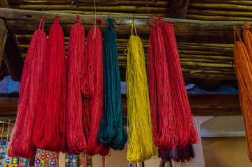 Sheep wool spun and dyed manually with natural dyes in Chincheros, Peru