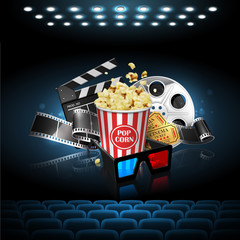 Illustration for the film industry. Popcorn, reel, film and clapperboard. Highly detailed illustration