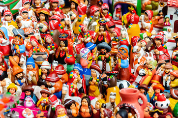 Horizontal close up of handcrafts toys in Aguas Calientes, Peru