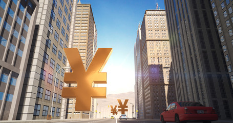 Fototapeta na wymiar Japanese Yen Sign In The City - Business Related Aerial 3D City Street Flight