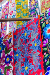 Colorful handmade fabrics on Aguas Calientes, Peru