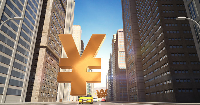 Japanese Yen Sign In The City - Business Related Aerial 3D City Street Flight