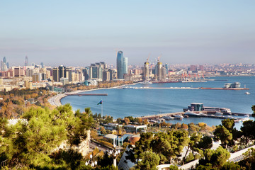 Baku city, view over the roofs .Baku cityscape with famous flagpole on the National Flag Square in...
