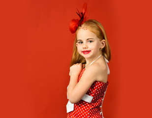 Retro girl or fashion model, beauty. Retro look, hairdresser, makeup. Fashion and beauty, pinup style, childhood. Little girl in vintage dress, prom. Child girl in stylish glamour elegant dress.