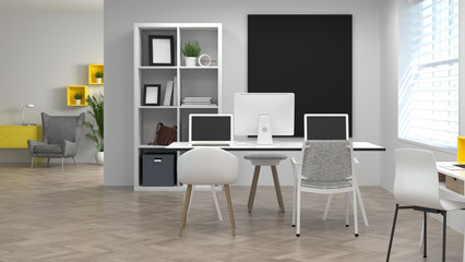 co working environments interior decoration Model Home office Meeting rooms have computers and notebooks.Online Business 3d rendering Work at home