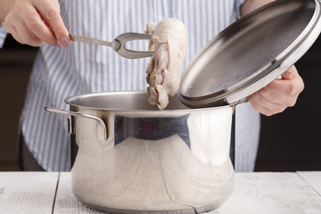 cooking chicken soup, boiled chicken meat