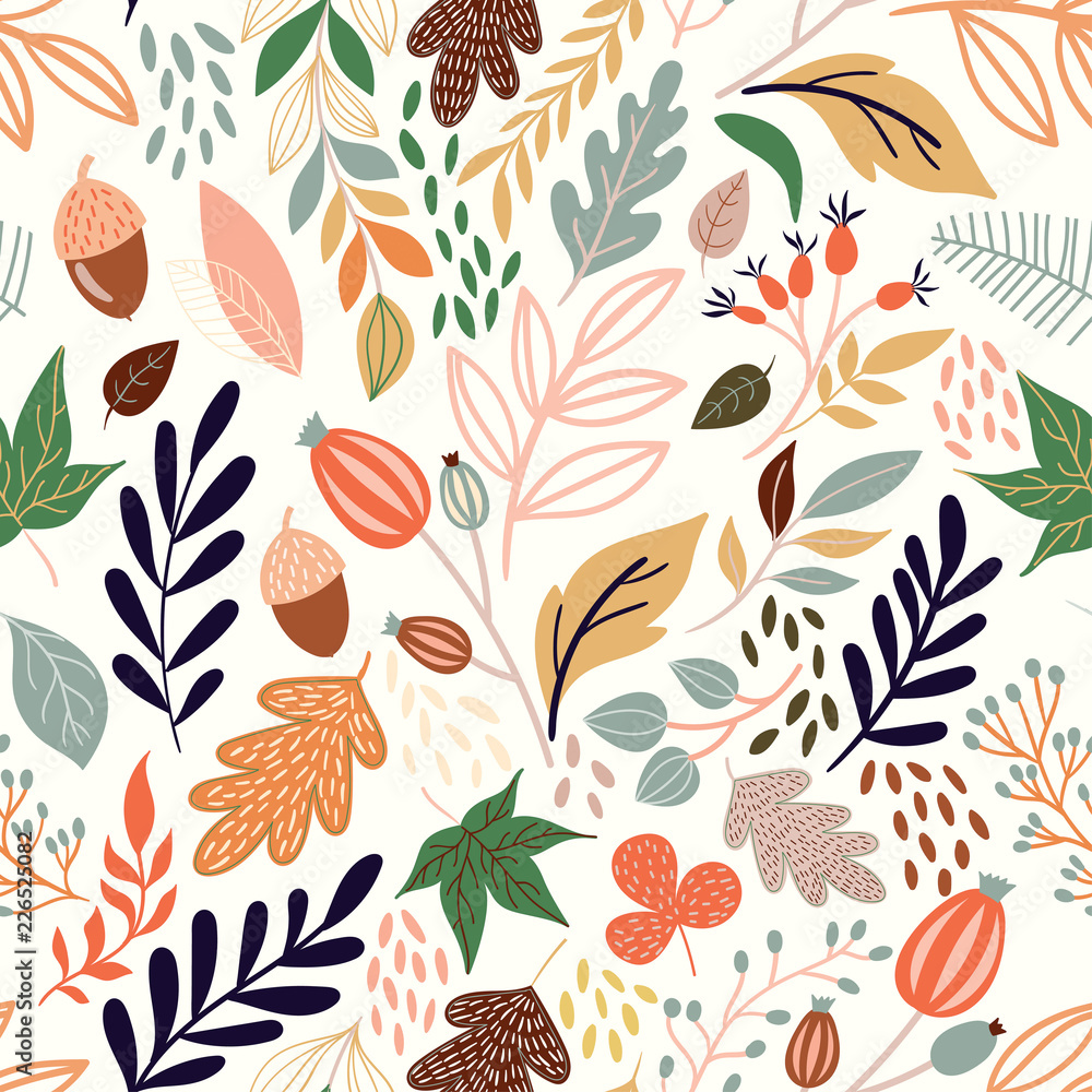 Wall mural autumn seamless pattern with decorative seasonal elements