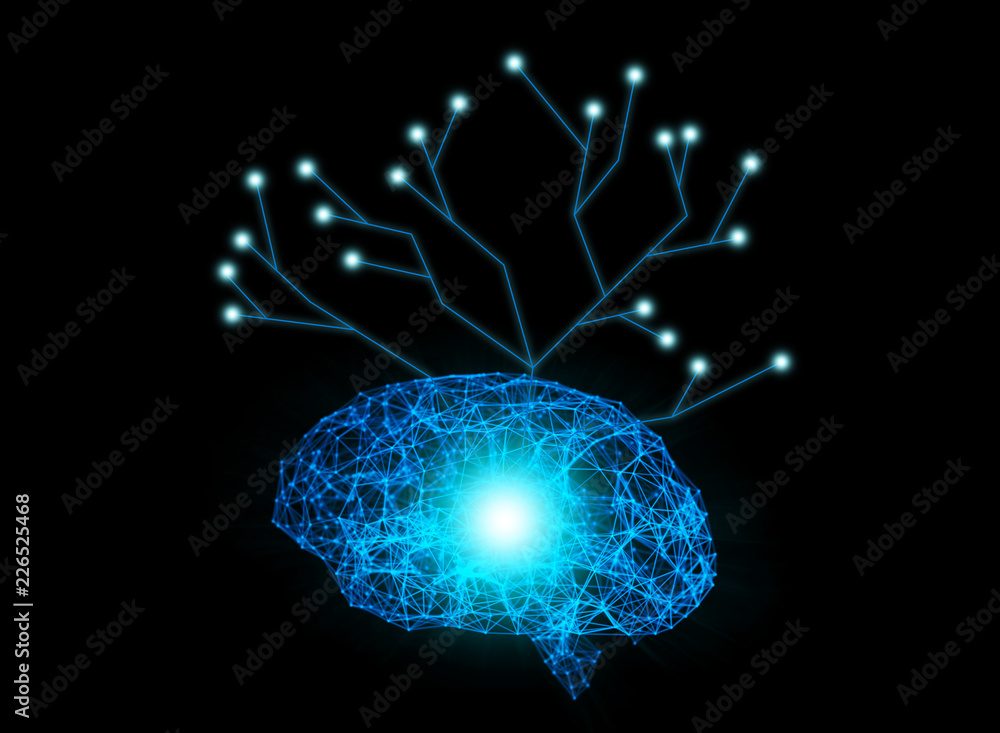 Poster digital data and network connection of human brain with tree structure isolated on black background 
