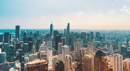 Foto op Aluminium Chicago cityscape skyline toward sunset aerial view © Tierney