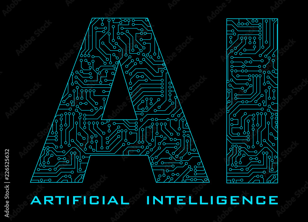 Poster artificial intelligence with blue circuit isolated on black background. pattern texture of high-tech