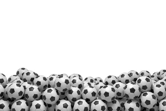 3d rendering of many football balls lying in a big pile on top of each other on a white background.